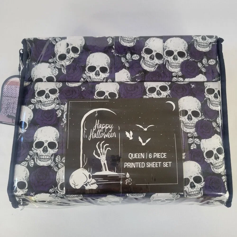 Halloween Trad Goth Style Queen 6pc Sheets Set Black White Skulls Purple Roses